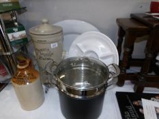 A vintage Cheavins Saludor safe water filter, a Lincoln stoneware jug, a large meat platter etc.