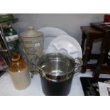 A vintage Cheavins Saludor safe water filter, a Lincoln stoneware jug, a large meat platter etc.