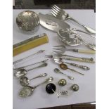 A good lot of silver plate items including fish slice, pickle forks, spoons, matching brush,