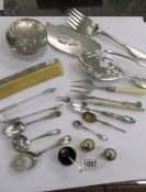 A good lot of silver plate items including fish slice, pickle forks, spoons, matching brush,