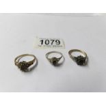 3 9ct gold rings, sizes P, M and P.