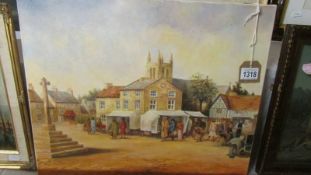 A framed village market oil on canvas signed B Cooper.