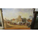 A framed village market oil on canvas signed B Cooper.