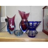 4 pieces of heavy glass including clear bowl overlaid with blue pattern,
