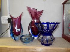 4 pieces of heavy glass including clear bowl overlaid with blue pattern,