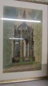 A framed and glazed fine stitch embroidery on linen of a religious monument signed Janet Rawlins,