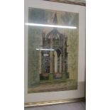 A framed and glazed fine stitch embroidery on linen of a religious monument signed Janet Rawlins,
