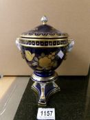 A fine blue and gold glazed Dresden jar with lid, signed.