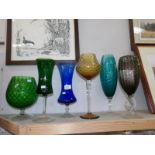 6 items of coloured glass including tall blue vase, tall yellow glass, tall grey vase, green bowl,