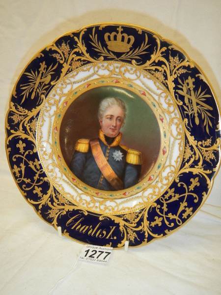 A Good French cabinet plate of Charles X with heavy gilding over cobalt blue background, - Image 2 of 4