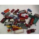 A tin of play worn die cast including Lesney, Corgi, Hot Wheels etc.