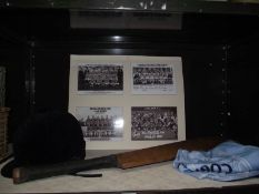 A vintage cricket bat, riding helmet, signed football shirt etc.