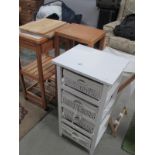 3 shelf units and a folding linen bin etc