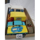 A rare plastic Mettoy milk float & bakery, Telsaca ice cream van, tin plate Startex Sunbeam etc.