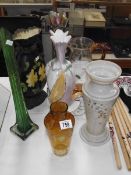 2 ceramic vases and 5 items of coloured glass including yellow water jug, carnival glass vase etc.