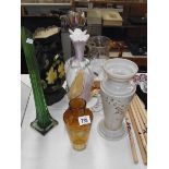 2 ceramic vases and 5 items of coloured glass including yellow water jug, carnival glass vase etc.