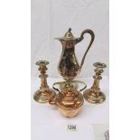 A pair of adjustable candlesticks. a silver plate water jug and a small copper kettle.