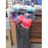 A punch bag and boxing gloves and other exercise equipment