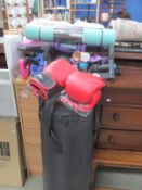 A punch bag and boxing gloves and other exercise equipment