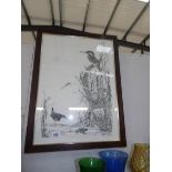 An oak framed and glazed pen and ink drawing of animals, birds, insect and mammals by Jane Link,