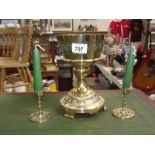 A Victorian Gothic brass oil lamp base and a pair of modern candlesticks.