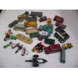 A tin of playworn die cast including Dinky, Corgi, Matchbox, and Britain's.
