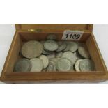 An oak box containing 417 grams of UK pre 1947 - 1920 silver coins.