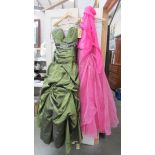 2 bridesmaid/prom dresses/gowns, olive size 12, fuschia size 12.