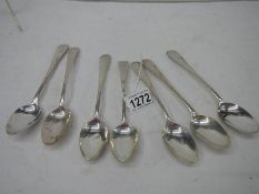 7 hall marked Georgian silver spoons, 225 grams.