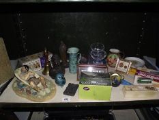 A shelf of miscellaneous including Poole, paperweights, Bohemia crystal bowls etc.