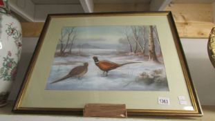 A framed and glazed watercolour featuring a pair of pheasants, image 47 x 34 cm.