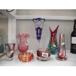5 items of coloured glass including blue vase,