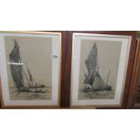 A pair of good charcoal drawings of ships under sail in oak frames, signed but indistinct,