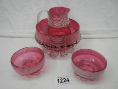 4 pieces of cranberry glass (foot a/f on jug).