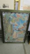 A framed and glazed naive watercolour and overlaid picture of a female in a garden,