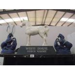 A large plastic White Horse Scotch Whisky horse a/f and 2 blue pottery horses, 1 a/f.