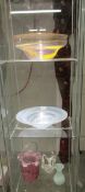 2 large studio glass bowls and 3 other items of studio glass (3 shelves).