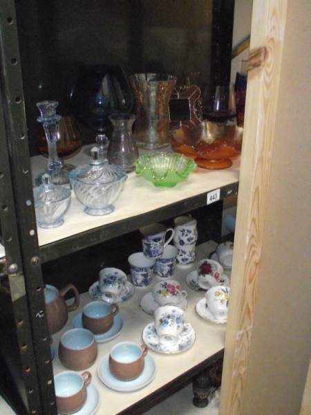 2 shelved of coloured glass including art deco trinket set, Carnival glass dish,