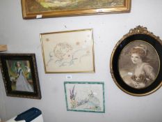 4 framed and glazed pictures including Embroidered, Queen Elizabeth II etc.