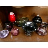 8 items of coloured glass including moss green bowl, pale green ash tray, vase overlaid with purple,