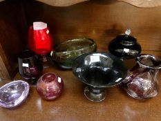 8 items of coloured glass including moss green bowl, pale green ash tray, vase overlaid with purple,