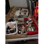 A box of vintage haberdashery items including large quantity of vintage buttons, fabric, thimbles,