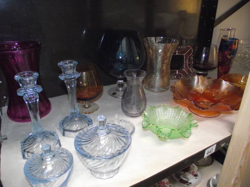 2 shelved of coloured glass including art deco trinket set, Carnival glass dish, - Image 2 of 3