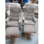 A pair of swivel chairs and two pouffes