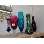 5 items of coloured glass including Raspberry coloured vase, A turquoise vase,
