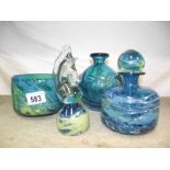 4 pieces of blue art glass, 2 marked Mdina.