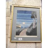A framed and glazed 'Deco' semi abstract painting 'Moonrise' signed E A N Swythe Webb,