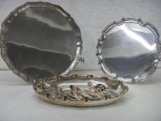 2 good silver plate letter trays, a silver plate dish and 5 other items of silver plate.