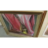 A Marion Lewin (20th century British School) framed oil on board still life painting with musical