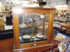 A cased set of chemist's scales.